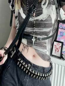 1 chiếc thắt lưng nam kiểu Gothic khóa đinh tán bằng da PU với hạt vuông và hai hàng đinh tán hình kim tự tháp phong cách Punk. - Nhiều màu - Xem 2