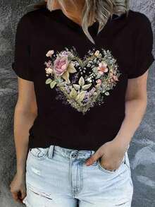 Camiseta con Estampado Gráfico, Manga Corta, Cuello Redondo, Top Casual para Verano y Primavera, Ropa de Mujer - Negro - Ver 1