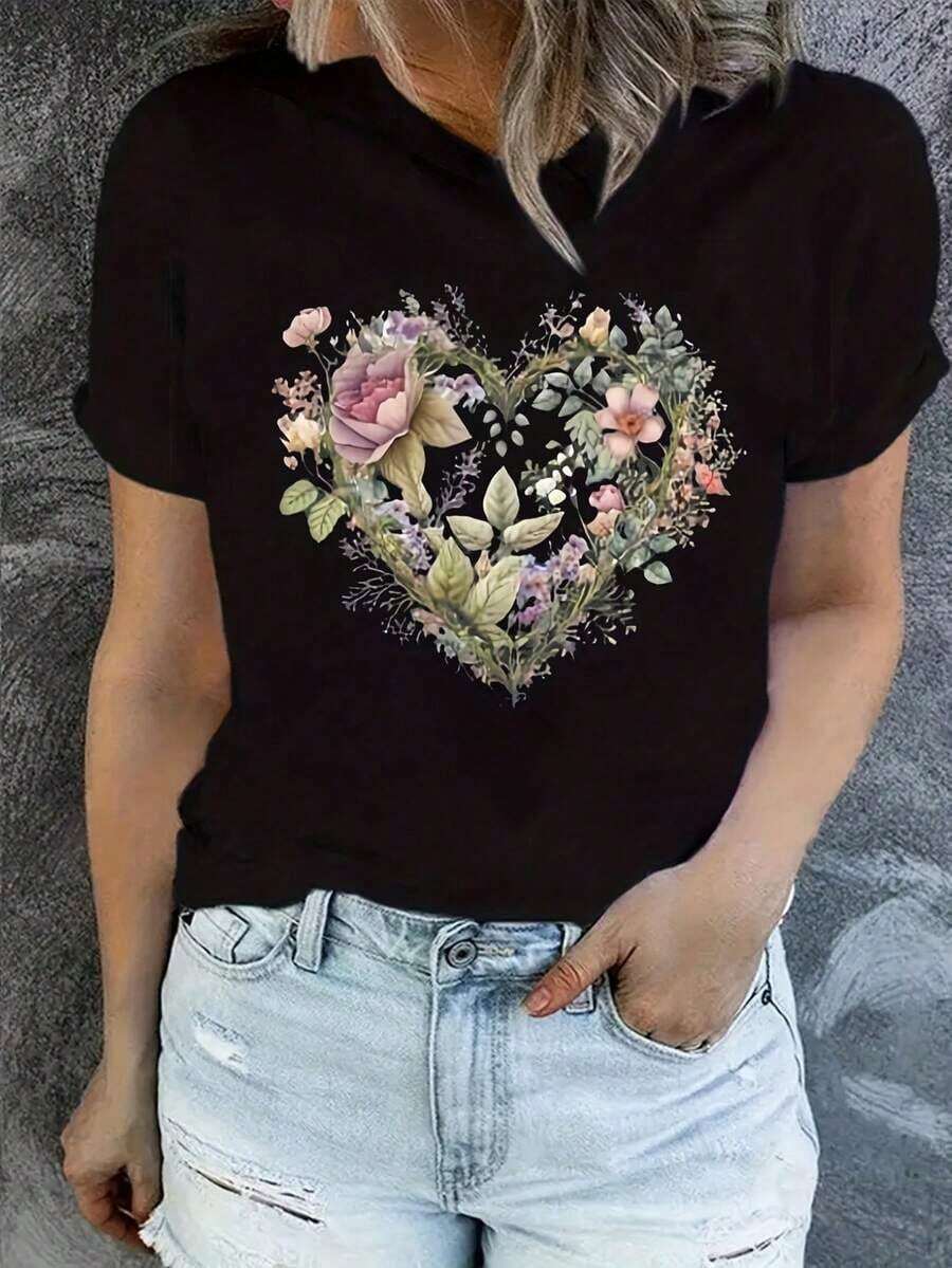 Camiseta con Estampado Gráfico, Manga Corta, Cuello Redondo, Top Casual para Verano y Primavera, Ropa de Mujer - Negro - Ver 1