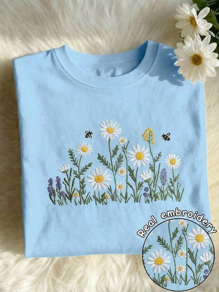 Diseño de bordado de girasol Estampado floral vibrante Camiseta de manga corta de cuello redondo casual para mujer de primavera y verano - Celeste - Ver 1