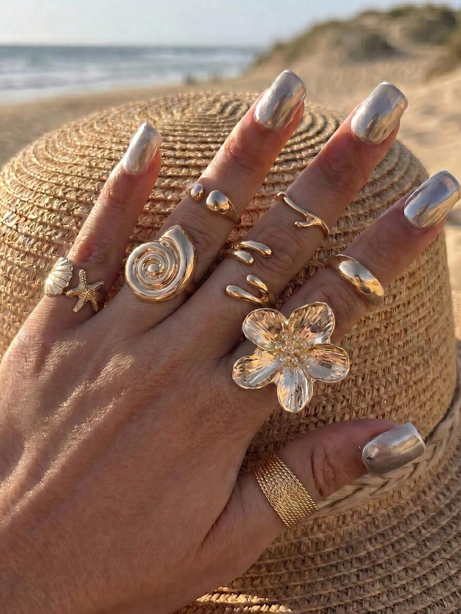 8pcs Vintage Punk Water Drop Flower Starfish Shell Multi- Ring Set, Fashion Geometric Design Rings, Suitable For Women's Daily Wear And Party Accessories, Great Gift - Gold - View 1