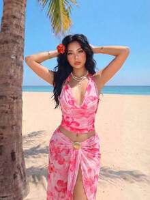 Top de tirantes asimétrico con decoración metálica y estampado floral sexy para vacaciones - Rosa Fucsia - Ver 5