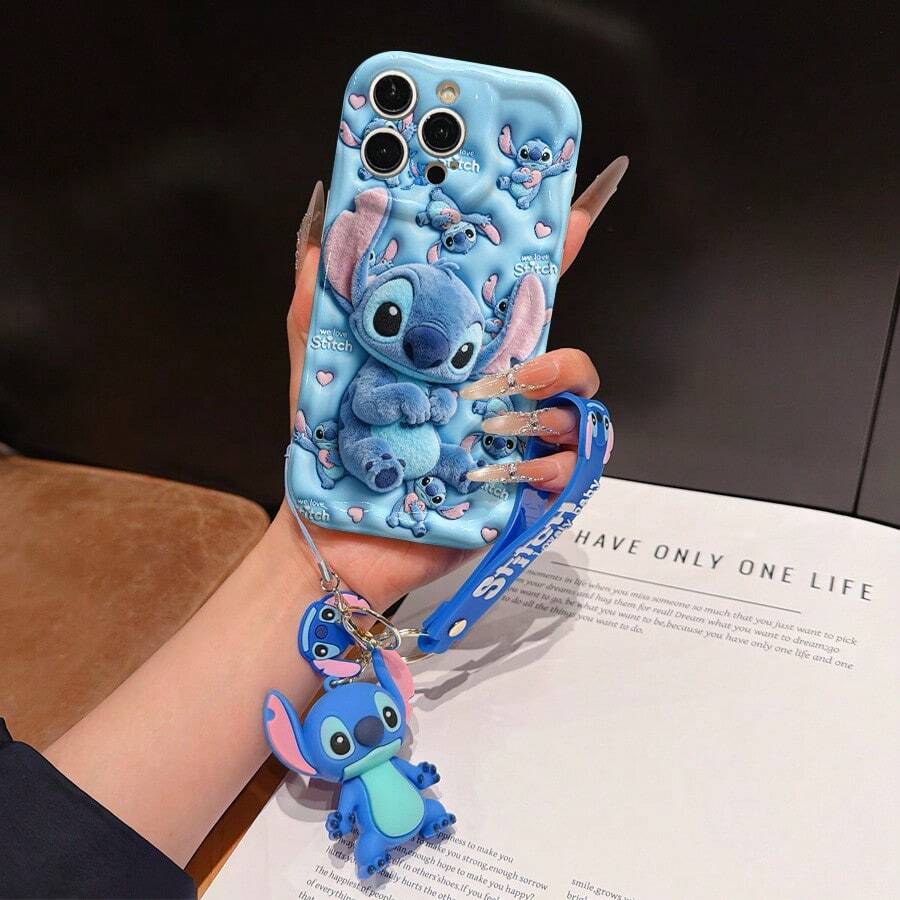 Disney Lilo And Stitch Phone Case : 3D Fluffy Pattern Border Protector Phone Soft Phone Case With A Free Cute Stitch Bracelet Chain Lanyard, Stitch, Lilo, Angel, For Apple 17 Promax 17 Pro 16 15 14 13 12 11 Pro Max XS Max X XR Soft Cover Summer Phone Case - 白色 - 查看 1
