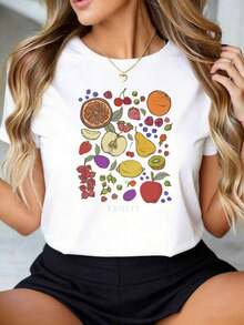 New 2026 Cool Casual Summer T-Shirt With Fruit Graphic Print, Women's Casual Summer T-Shirt, Round Neck T-Shirt With Colorful Fruit Design, New Fashion Casual T-Shirt For Women - 白色 - 查看 6