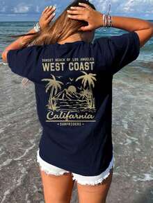 Women's Short-Sleeved T-Shirt With A Round Neck, A Casual Summer Style, Minimalist And Versatile, With A Palm Tree Print And Slogan, Suitable For Everyday Wear. Printed T-Shirt, Black, Vacation - 海軍 - 查看 3