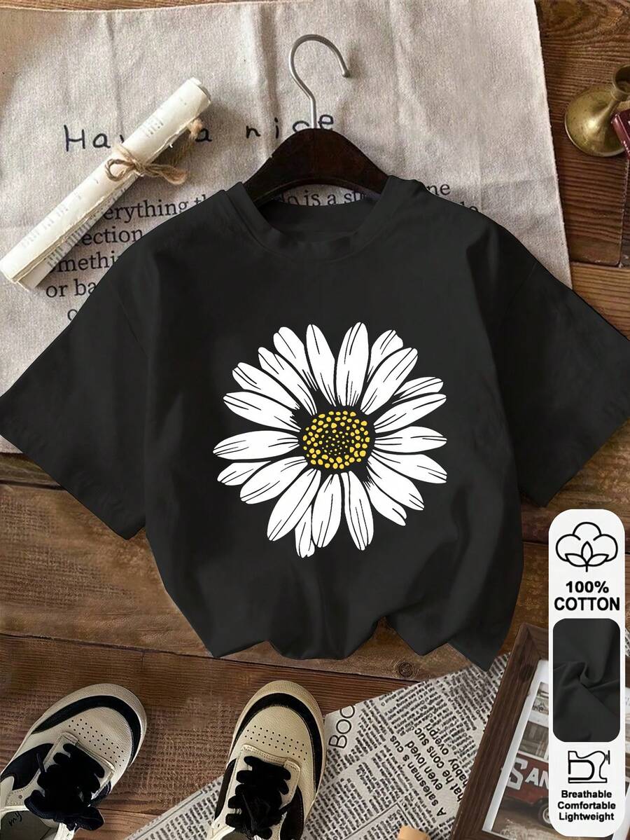 Camiseta de manga corta de algodón puro para primavera/verano, camiseta de manga corta con estampado, camiseta para vacaciones, camiseta para uso diario-1862-Camiseta unisex de algodón holgada de manga corta y cuello redondo estilo vintage urbano, blusas para mujer. blusas.blusas casuales para dama. - Negro - Ver 1