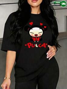Camiseta para mujer de poliéster en color gris con estampado de personaje Pucca y corazones – casual y de uso diario, envío nacional en México - Negro - Ver 7