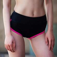 Pantalones cortos de Yoga para mujer, ropa deportiva, pantalones de entrenamiento elásticos, franjas de diferente Color, pantalones transpirables, mallas con revestimiento plano para el vientre, Leggins para mujer - Rosa Fucsia - Ver 1
