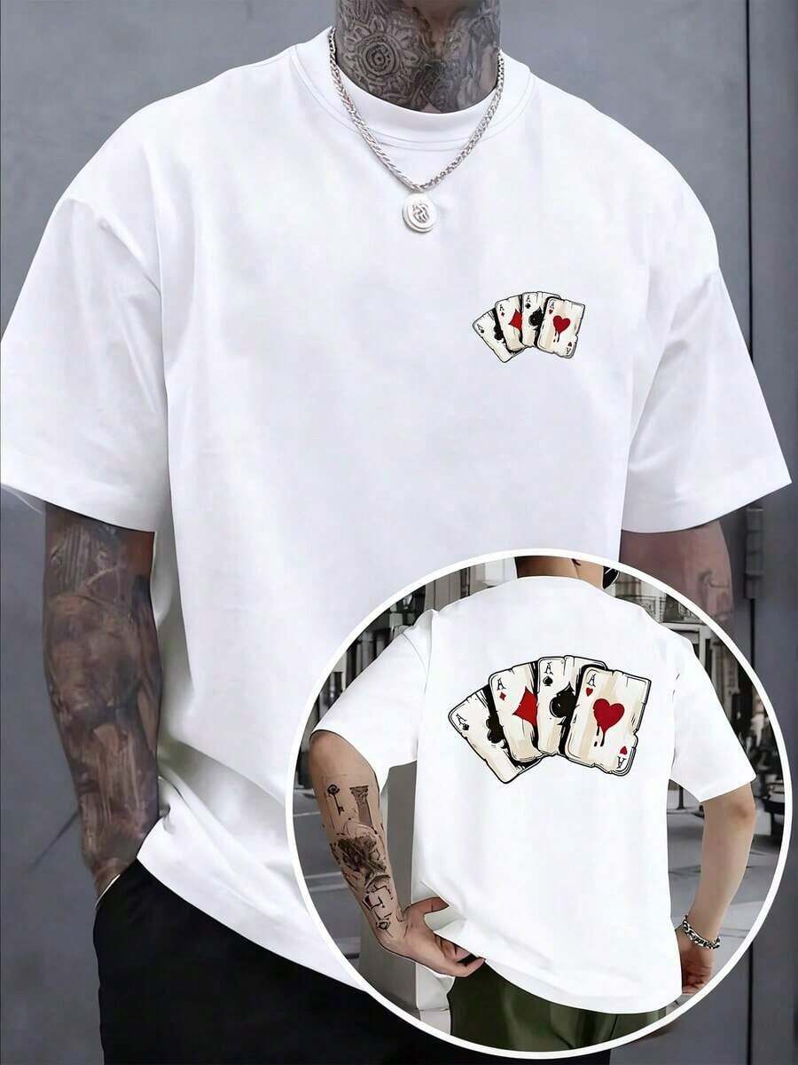 GiftCamiseta de manga corta con estampado de cartas de póker Under The Radar, 100% 210G, estampado a doble cara, diseño personalizado en el pecho y la espalda, cuello redondo informal, camiseta de moda para hombre, cómoda en todas las estaciones - Camiseta unisex de algodón holgada de manga corta y cuello redondo estilo vintage urbano. Suave - Blanco - Ver 1