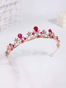 1pc European And American Style Gold Crystal Bridal Crown, Wedding Dress Headpiece - Hot Pink - View 5