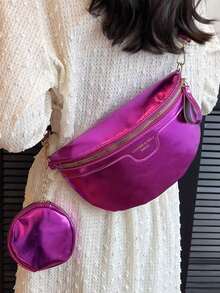 Tas Tangan Warna Polos yang Modis dan Serbaguna, Tas Selempang Kasual Minimalis Baru, Tas Jinjing untuk Komuter Wanita - Hot Pink - View 3