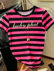 Camiseta casual de mujer de cuello redondo y manga corta con estampado de rayas de contraste - Multicolor - Ver 8