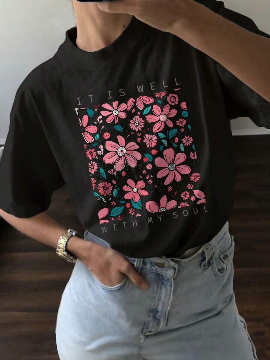 Women's Oversized Floral Print T-Shirt With "It Is Well With My Soul" Lettering - Black With Pink And Teal Flowers, Short Sleeve, Crew Neck, Comfortable For All Seasons, Everyday Wear, Artistic Font Design, Non-See-Through Fabric - 黑色 - 查看 1