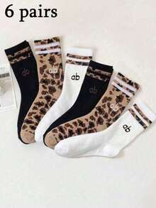 1/3/6 pares de calcetines medianos para mujer con estampado de leopardo y rayas, clásicos de moda, cómodos, suaves y transpirables, versátiles para uso diario, para todas las estaciones - Multicolor - Ver 9