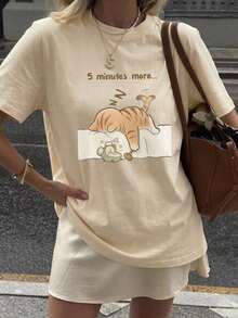 Camiseta de manga corta para mujer, de verano, con cuello redondo, estampada con la frase en inglés "Sleeping Cat", adecuada para el verano, la playa, la calle, reuniones diarias y otras ocasiones. Top elegante estilo Y2K para vacaciones, ropa casual de verano, ropa de vacaciones para mujer, color negro. 100% algodón. - Albaricoque - Ver 5