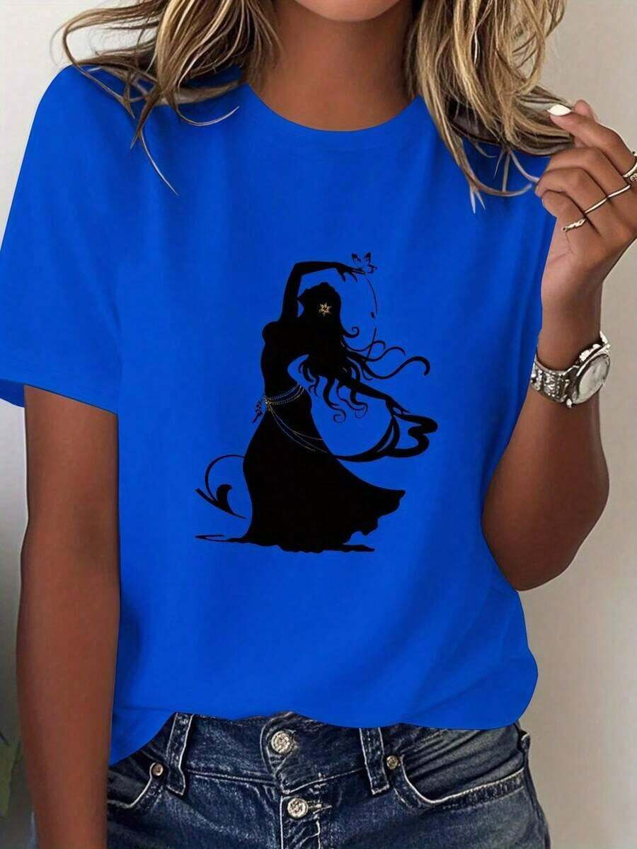 Comfortable Printed T-Shirts For Belly Dancers, Pure Cotton T-Shirt For Women, Comfortable Fit, 100% Cotton Loose Versatile Short Sleeve T-Shirt For Women - 藍色的 - 查看 1