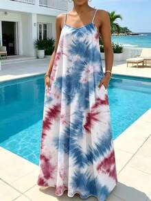 Đầm hai dây nhuộm màu tie-dye thanh lịch, thoải mái dành cho nữ cỡ lớn, dáng rộng tôn dáng, có túi, thích hợp mặc đi biển, đi nghỉ mát, đi làm hàng ngày và mặc ở nhà vào mùa hè. - Xanh và trắng - Xem 11