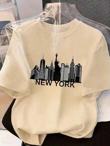 Camiseta de manga corta para mujer, de verano, con estampado gráfico de la ciudad "NUEVA YORK" y un rascacielos, estilo casual, holgada, versátil, de cuello redondo, color beige, ideal para uso diario y vacaciones, de algodón puro. - Albaricoque - Ver 6