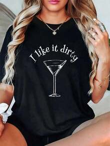 Conjuntos de verano para mujer, 100% algodón, camiseta con estampado de martini, regalo para mujer, camiseta sexy con estampado de vino y cerveza para fiesta, cuello redondo, manga corta, camisetas gráficas para mujer y hombre, tops de verano. - Negro - Ver 5