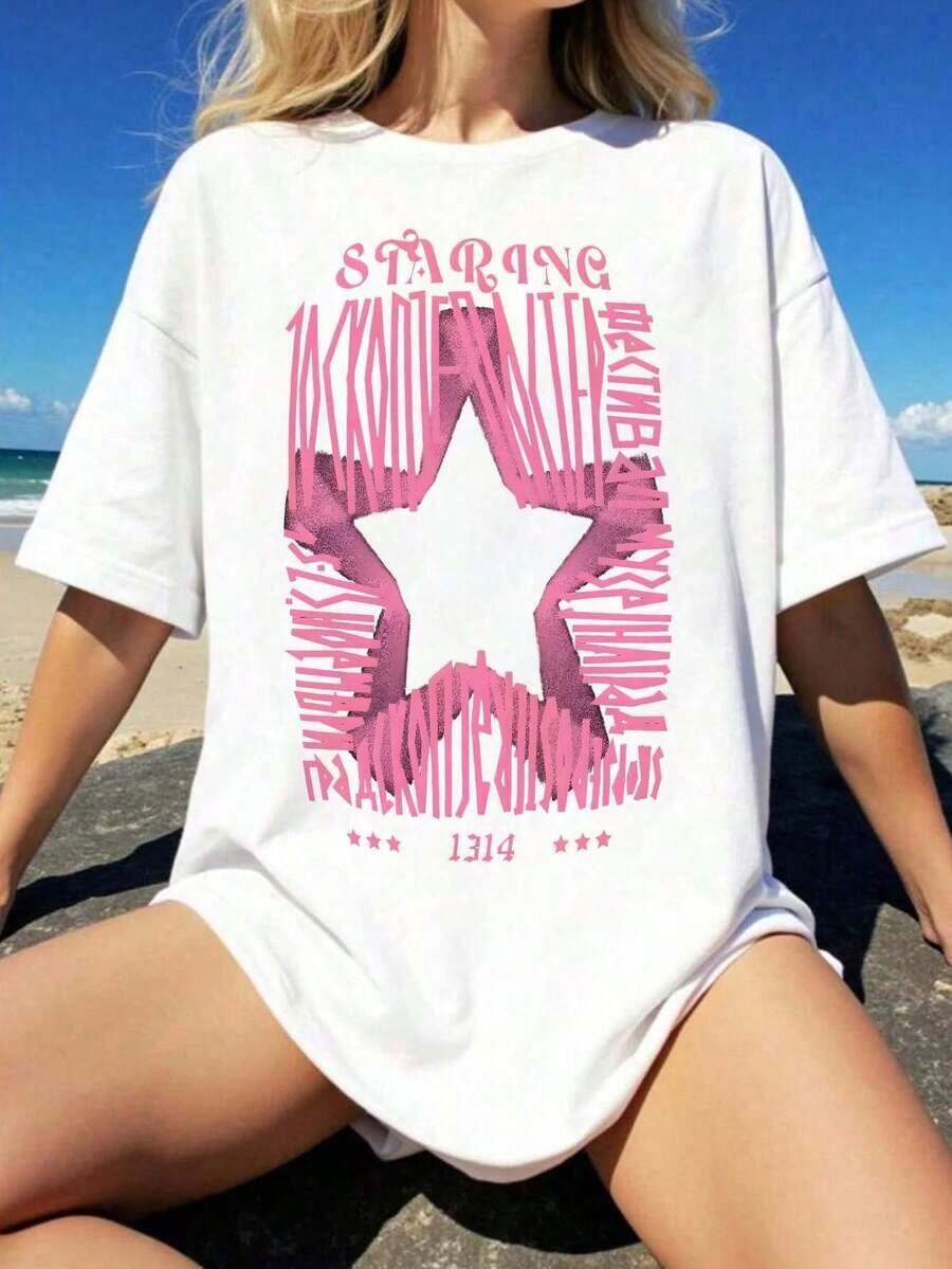 PremiumStaring 1314 Women's Star Graffiti Print T-Shirt, Retro Style Y2K Pink, Oversized Urban Print T-Shirt, Aesthetic Summer Beach Top, Casual Urban Vacation Clothes, Gift For Her, . - 白色 - 查看 1