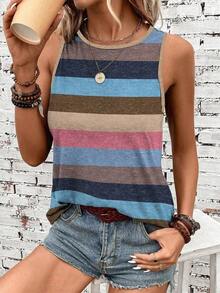 Camiseta de tirantes holgada de verano para mujer, estampado de patrón de correa de mezclilla, elegante y versátil, apta para uso casual, vacaciones y paseos, con un estilo minimalista y retro - Multicolor 13 - Ver 1