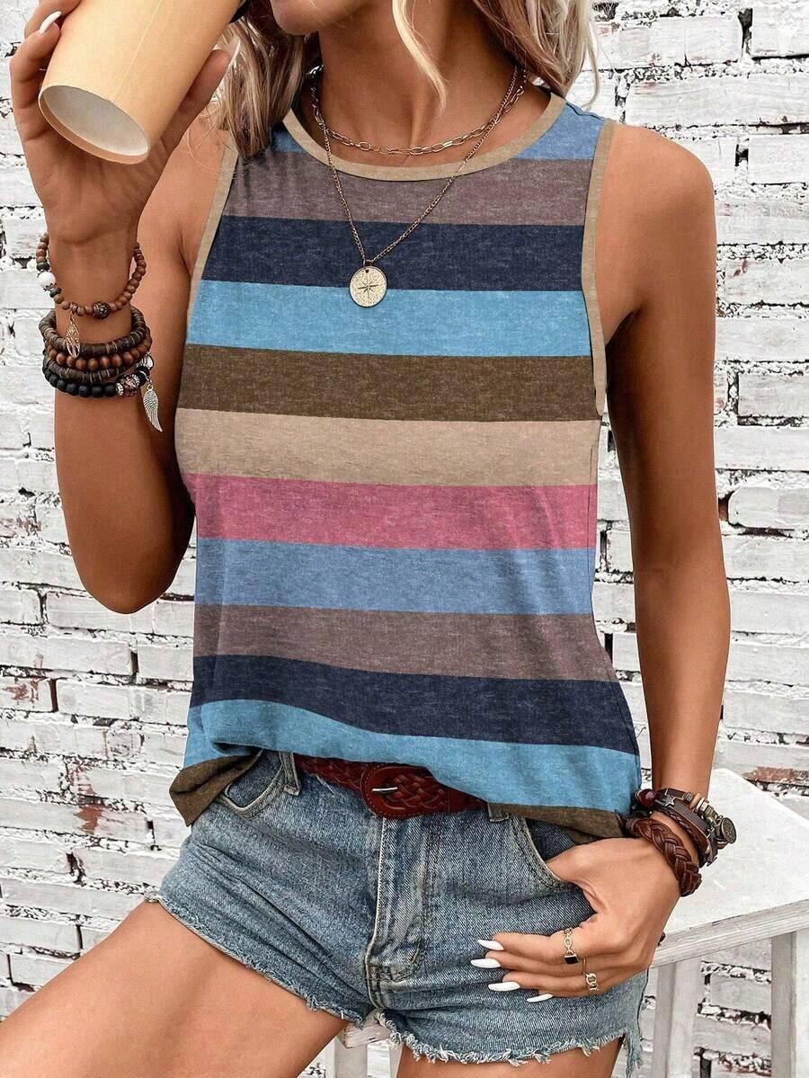 Camiseta de tirantes holgada de verano para mujer, estampado de patrón de correa de mezclilla, elegante y versátil, apta para uso casual, vacaciones y paseos, con un estilo minimalista y retro - Multicolor 13 - Ver 1