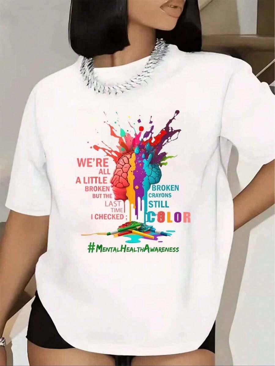 Women's T-Shirt With Brain And Colored Pencil Print To Raise Mental Health Awareness, Short Sleeve, Round Neck, For Everyday Casual Wear, 220g - 白色的 - 查看 1