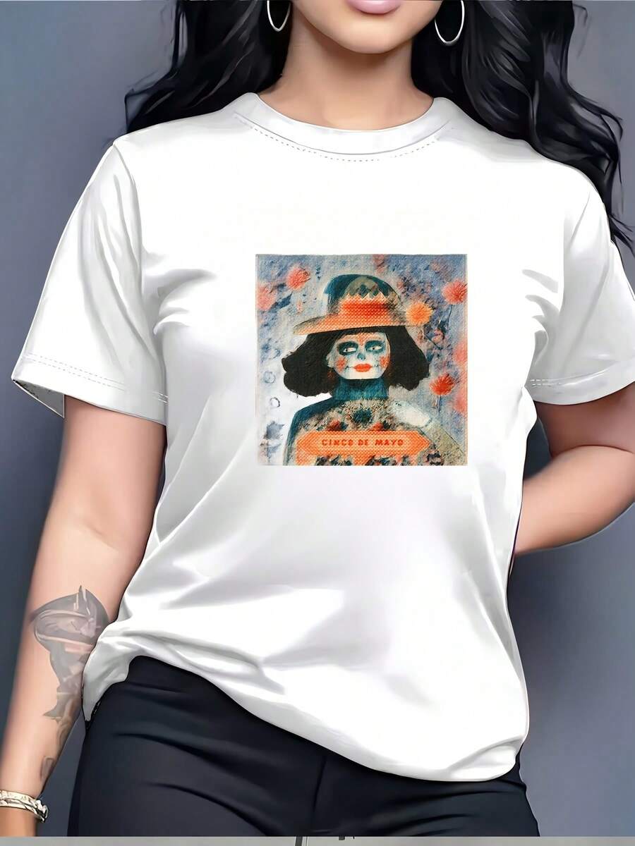 Cinco De Mayo Festival T-Shirt, Casual Gift For Family Parties, 180g For Women, Essential Garment For Festive Celebrations - Unisex Loose Cotton Short Sleeve Crew Neck T-Shirt, Urban Vintage Style - 白色 - 查看 1