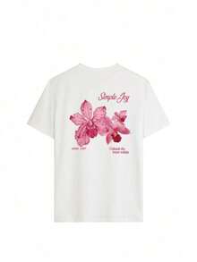 Esta camiseta de cuello redondo con estampado floral y de letras colorido para mujer es moderna y versátil para el verano. La camiseta gráfica viene en blanco y rosa, adecuada para usar en vacaciones. Negro casual 100% algodón - Blanco - Ver 3