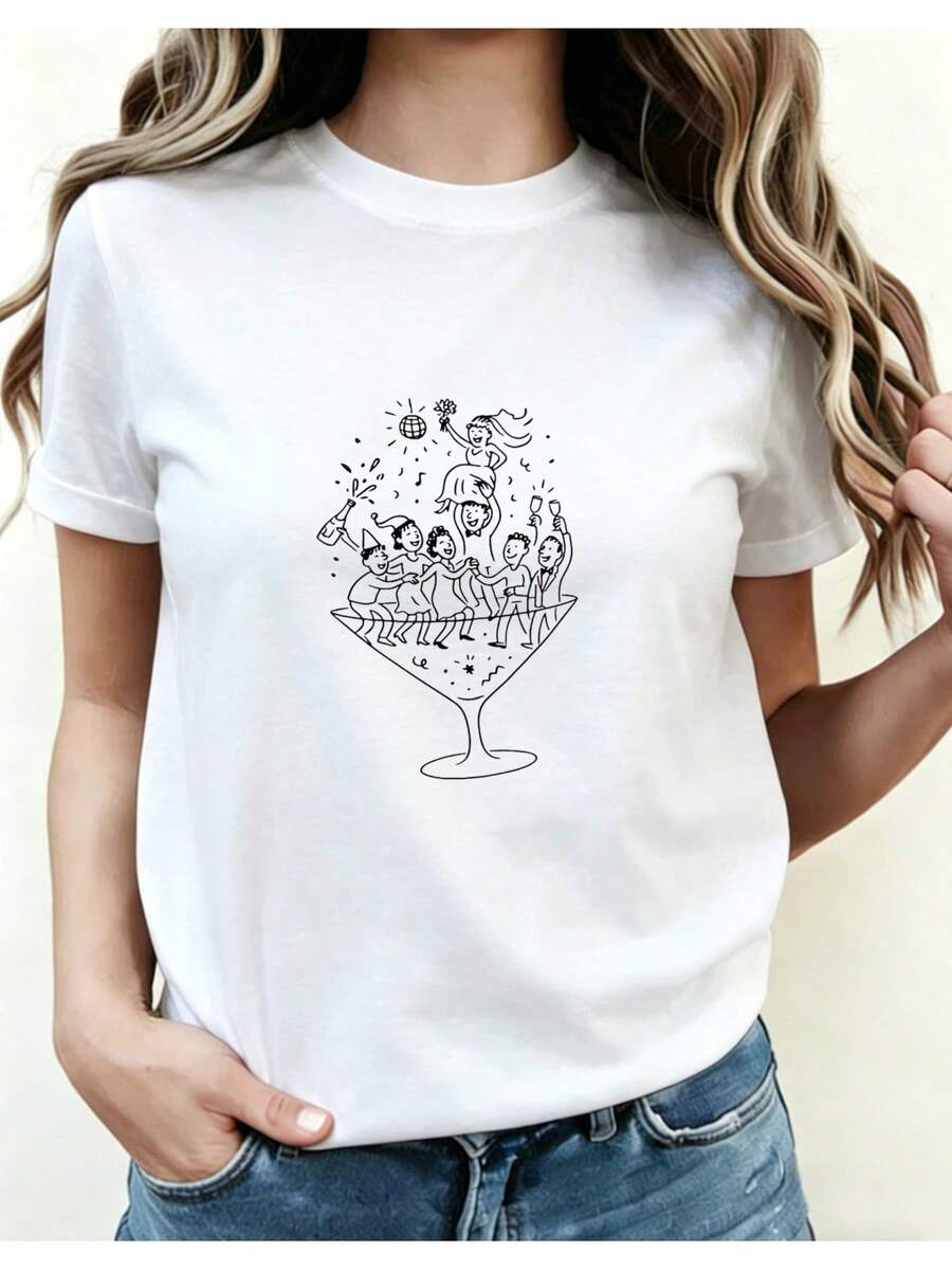 Printed Cotton T-Shirt For Weddings And Parties, Simple And Cool Short-Sleeved Top, Comfortable And High-Quality Clothing For Spring/Summer, Suitable For Holidays And Parties, A Great Gift For Women 01. WELW - 白色 - 查看 1