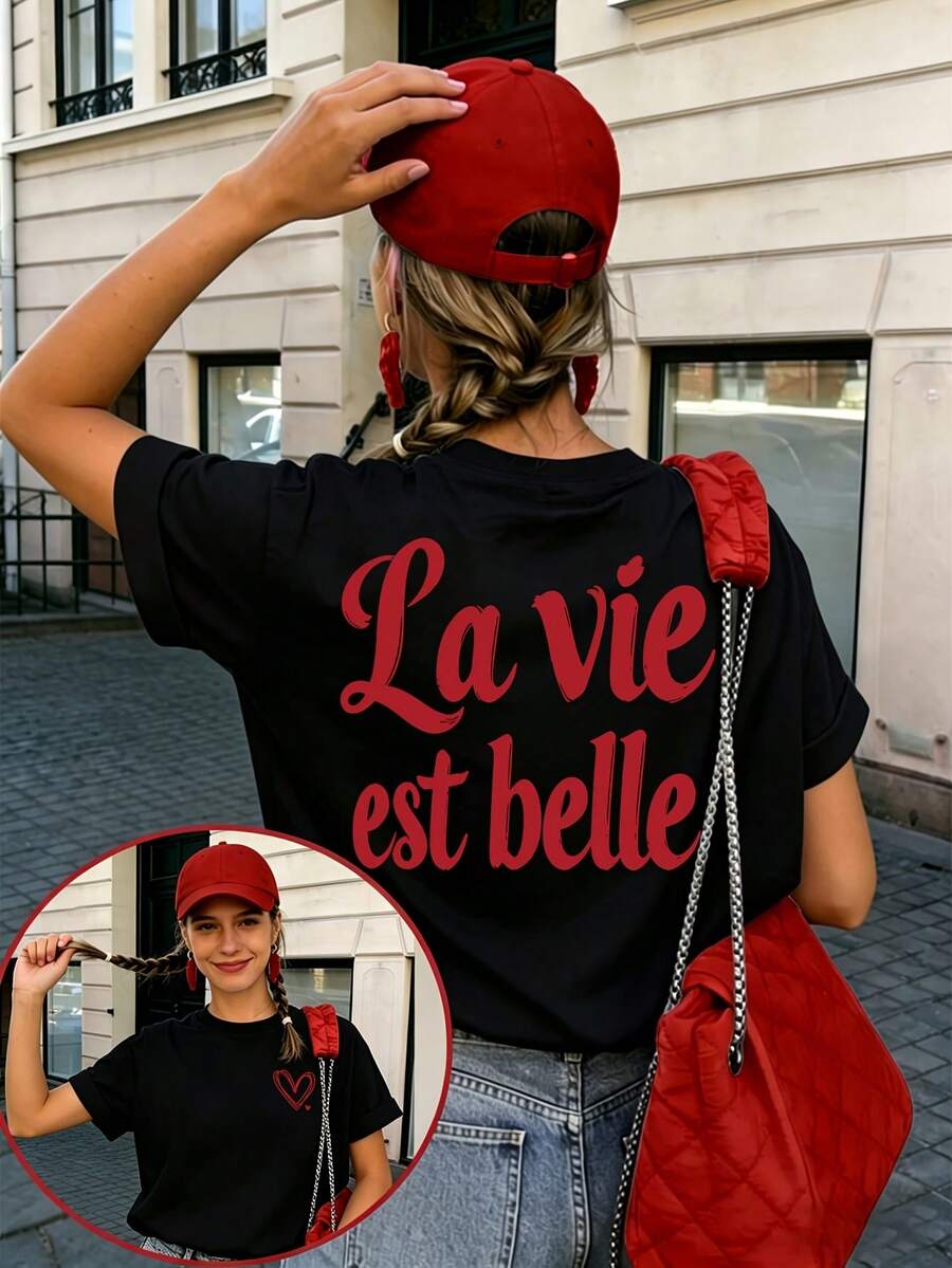 Made Of Cotton And Printed With The Phrase "La Vida Hermosa" (Beautiful Life), This Crew Neck T-Shirt Is A Spring/Summer Style For Women, With A Loose, Sweet, And Cute Design. A Modern And Simple T-Shirt With An Urban Style, This Short-Sleeved Women's T-Shirt Is Made Of Lightweight And Breathable Fabric. QFGP - 黑色 - 查看 1