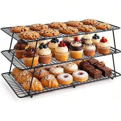 Rejilla de enfriamiento, rejillas de enfriamiento apilables de 3 niveles para cocinar, hornear y asar, rejilla de galletas plegable multinivel para pasteles, fácil de limpiar en el horno (negro, 3 niveles)