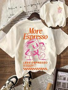 Camiseta de manga corta con cuello redondo y estampado gráfico de More Espresso Coffee Club para mujer, camiseta casual de verano, estilo unisex. - Albaricoque - Ver 7