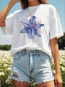 short sleevesCamisetas Gráficas con Estampado Floral Doble y Cuello Redondo - Camiseta de Manga Corta de Corte Holgado, Patrón Floral Morado y Rosa, Elasticidad Media, Lavable a Máquina, Adecuada para Uso Casual en Todas las Temporadas, Ajuste Cómodo y Delgado de Algodón. Ocio - Blanco - Ver 1