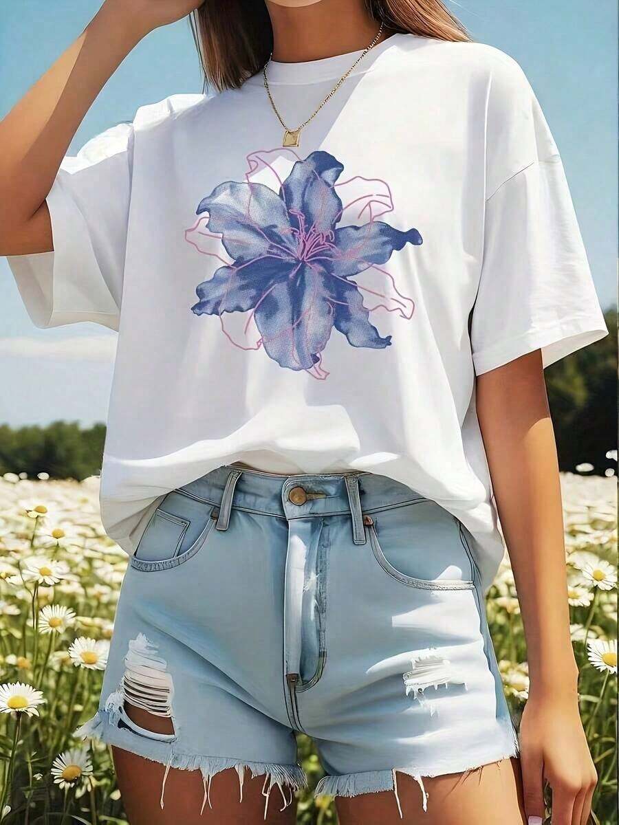 short sleevesCamisetas Gráficas con Estampado Floral Doble y Cuello Redondo - Camiseta de Manga Corta de Corte Holgado, Patrón Floral Morado y Rosa, Elasticidad Media, Lavable a Máquina, Adecuada para Uso Casual en Todas las Temporadas, Ajuste Cómodo y Delgado de Algodón. Ocio - Blanco - Ver 1