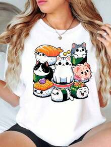 Floral Print T-Shirt - 100% Cotton, Casual Crew Neck, Short Sleeve For Women - Loose And Comfortable Fit, All Seasons Top, Breathable And Comfortable Leisure - 白3 - 查看 7