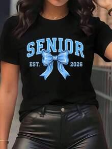 New Arrivals For Summer. Women's Senior Est T-Shirt, Fashionable, With Blue Bow Print, Round Neck, Casual Everyday Wear, Soft And Comfortable, Festival Blouse, Shirt > Beautiful. - 黑色 - 查看 7