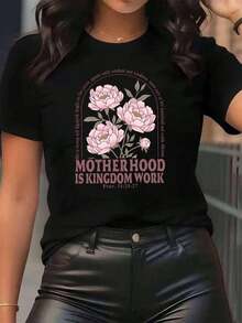New Arrivals For Summer. Women's T-Shirt With A Floral Design, "Motherhood Is A Work Of The Kingdom," And A Bible Verse Print. It Features A Round Neck, Is Soft And Comfortable For Everyday Wear, And Is Ideal For Festivals. Blouse, Shirt > Beautiful. - 黑色 - 查看 7