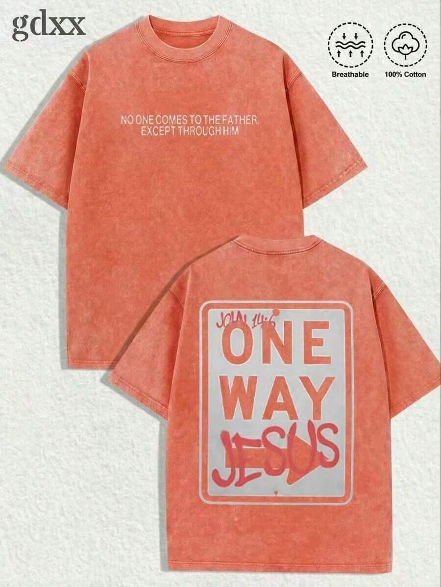 Jesus Tee God Has A Plan Graphic Tee Double-Sided Print Washed T-Shirt Holiday Gifts Y2K Men's Graphic Tees, 230G Cotton T - Shirts,100% Pure Cotton - 珊瑚橙2 - 查看 1