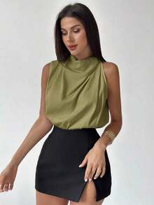 Camisa asimétrica plisada de color albaricoque, elegante y de moda, para uso diario en la oficina, de vacaciones o en festivales de música, para primavera/verano - Verde - Ver 7
