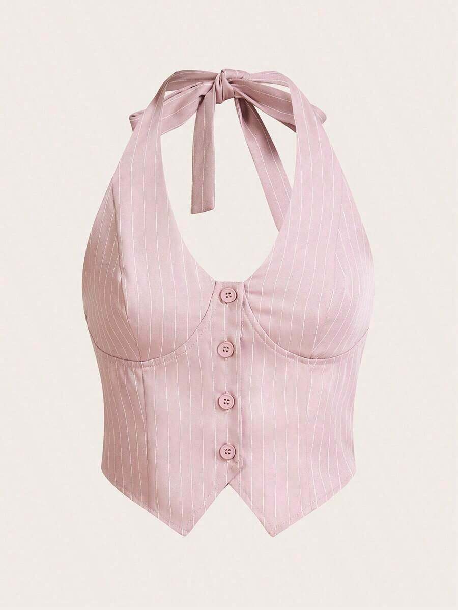 Top halter con botones y estampado de rayas, atuendos de verano - Rosa vieja - Ver 1