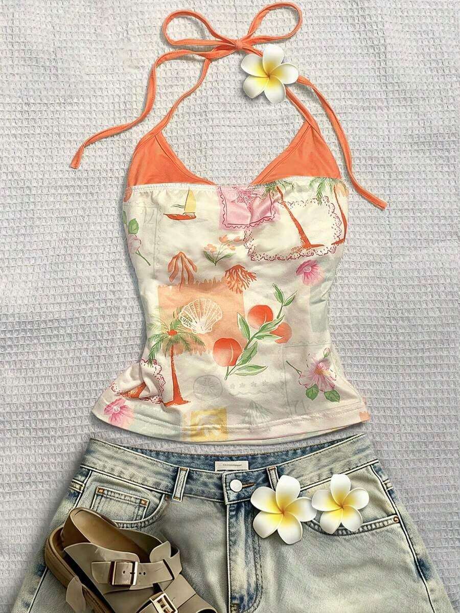 Top halter con estampado de frutas, diseño sin espalda, estilo casual de vacaciones, chaleco de 2 en 1 con bloques de color, adecuado para fiestas, citas, playas, carnavales y otras ocasiones, la elección perfecta para el verano.Top de playa, ro - Multicolor 9 - Ver 1