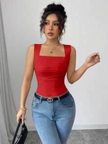 Camiseta sin mangas de verano ajustada de cuello cuadrado de unicolor elegante y casual para mujer - Rojo - Ver 4