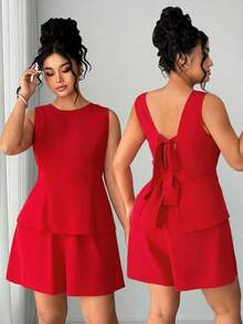Conjunto de 2 piezas sin mangas rojo para mujer: Top corto con lazo en la espalda + Shorts, adecuado para citas, compras, fiestas, ir al trabajo, estilo elegante - Rojo - Ver 5