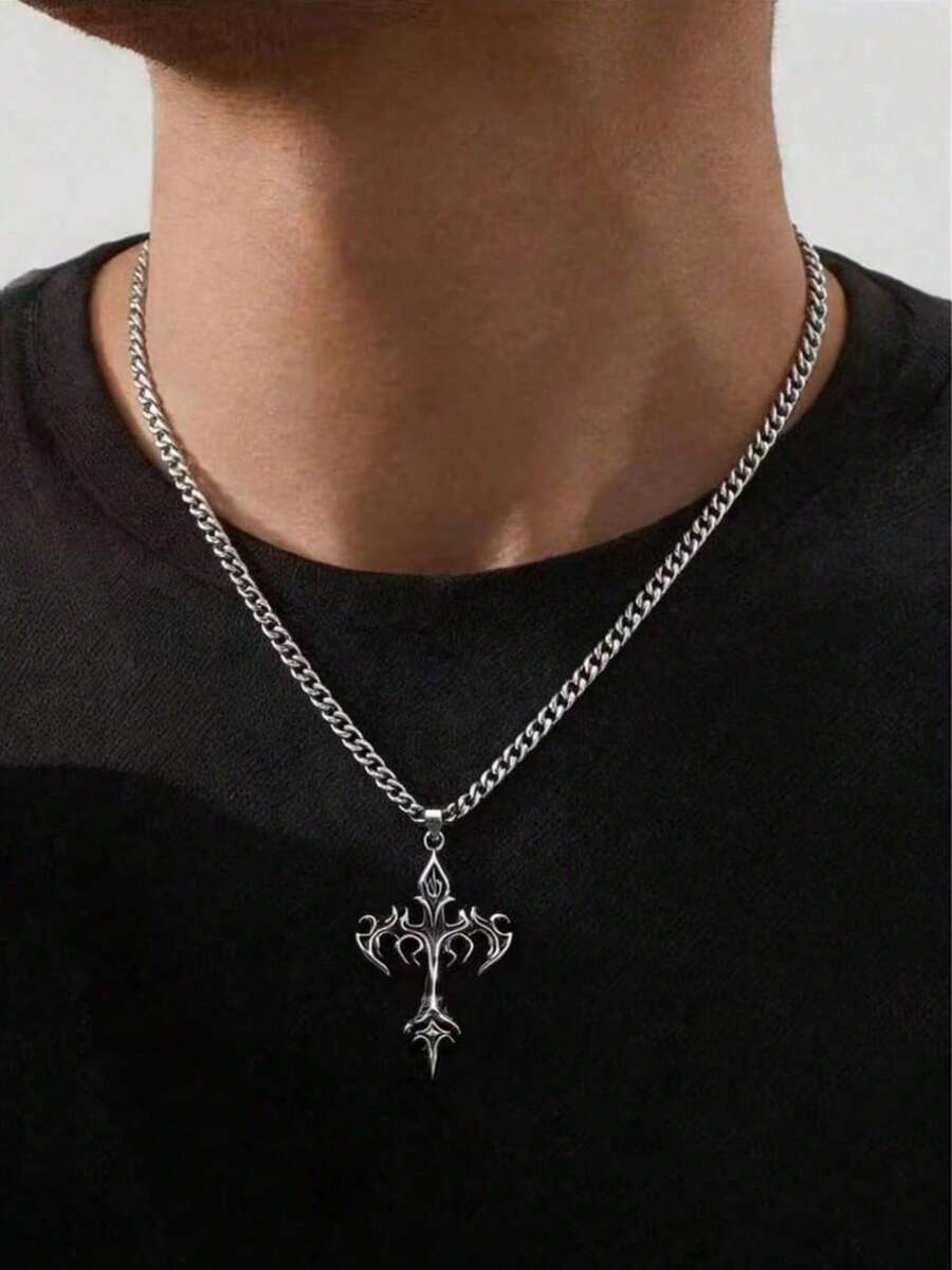 男士复古不锈钢十字架项链,街头朋克风配饰,不褪色耐用时尚饰品,父亲节、开学季和万圣节的理想礼物 - 銀色 - 查看 1