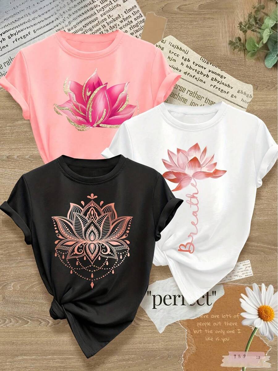 Women's T-Shirts, Women's T-Shirts, One-Piece Design With Floral And Plant Print, Simple And Clear Lines, Retro Style For Women, Casual Sporty Top For Spring, Autumn, Summer, Round Neck, Short Sleeve, Sizes S-XXXL. - 1件黑色隨機圖案 - 查看 1