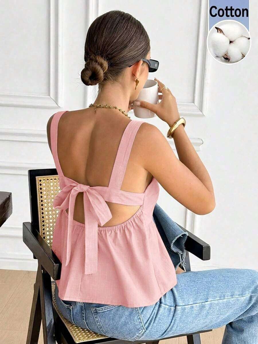 Camiseta de tirantes de algodón de unicolor casual para mujer - Rosa - Ver 1
