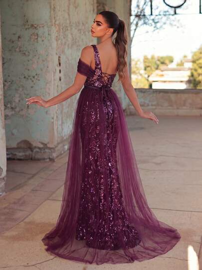 Faeriesty Women's One Shoulder High Slit Floral Mesh Evening Formal Gown, Dramatic Side Slit, Allover Floral Embroidery With Sparkling Accents, Flowing Sheer Overskirt, Ideal For Banquets, Fashion Parties, Gala Celebrations, Anniversary Events, And Sophisticated Social Gatherings Vacation