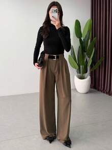 Summer Women's Tailored Wide-Leg Pants, High-Waist Design, Exposed Seams, Fashionable Style (No Belt) - Volcanic Gray - View 7