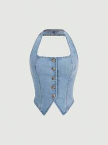 Top en mezclilla con botón delantero de cuello halter - Lavado ligero - Ver 1